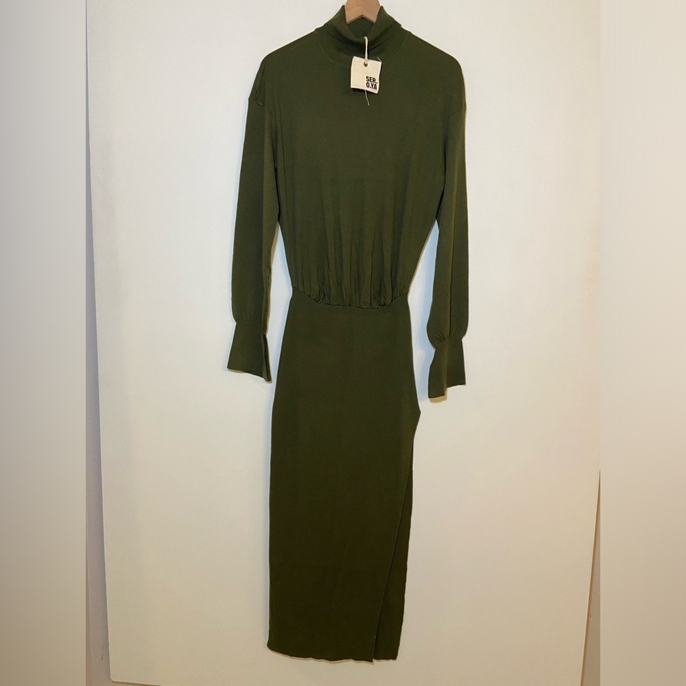 SER.O.YA NWT Diana Dress Long Sleeve Ruched Turtleneck with Slit Size M Green - Picture 4 of 14